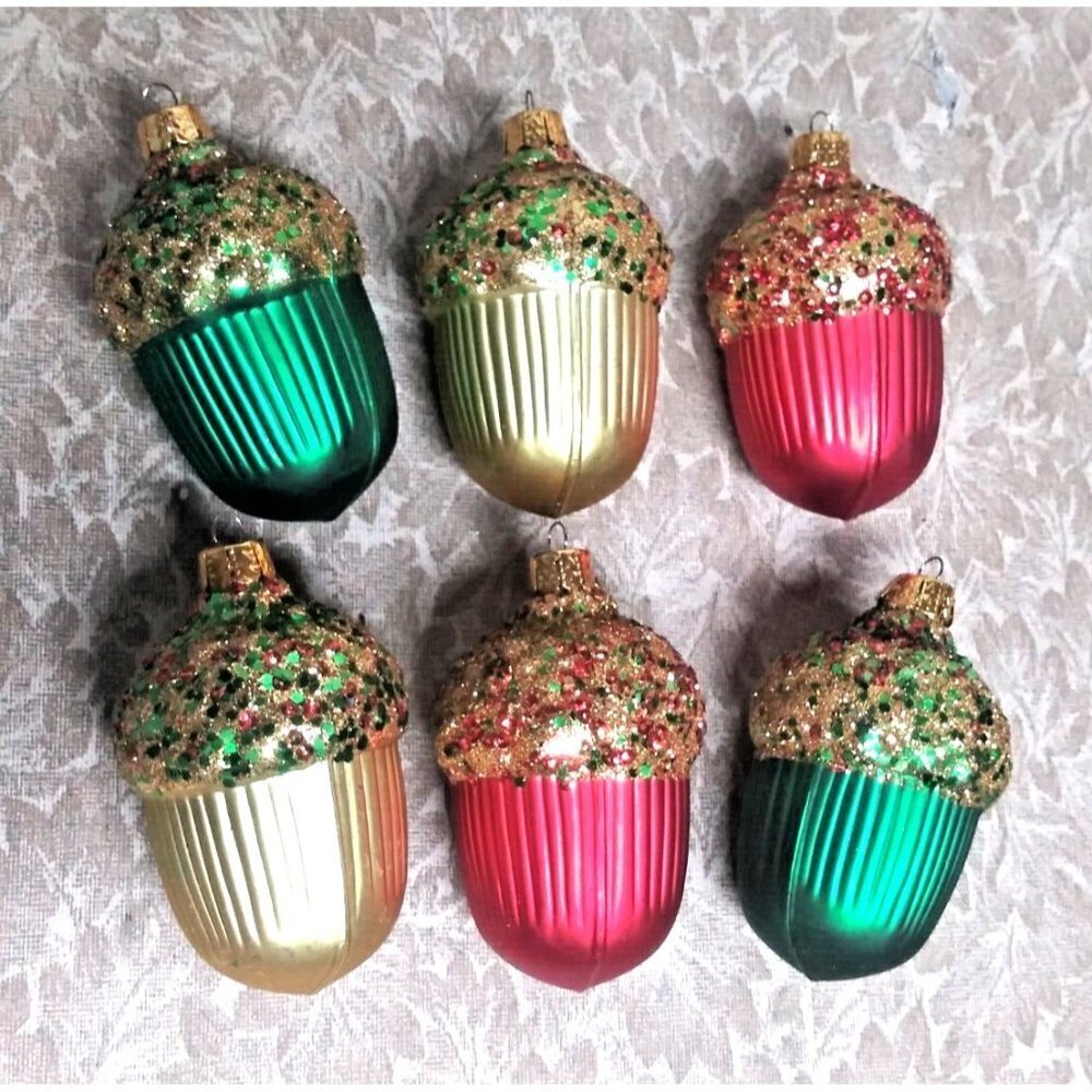6 Vintage Christmas Glass Ornaments Acorns w/glitter sequins Commodore red gold